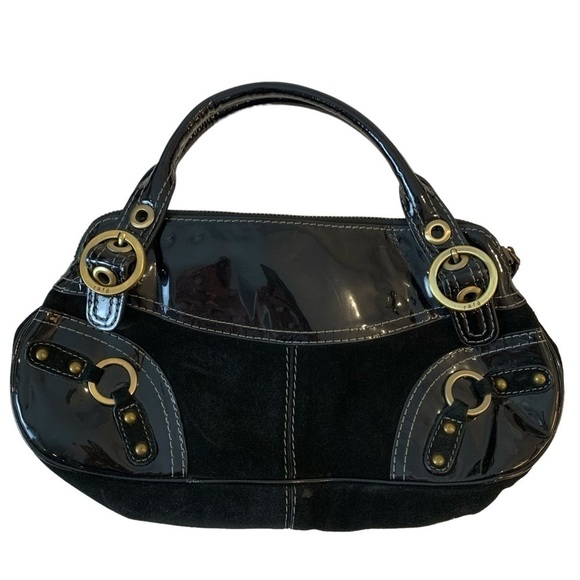 Rafe New York Black Suede Patent Leather  Handbag Brass Buckles Purse EUC - Picture 1 of 8